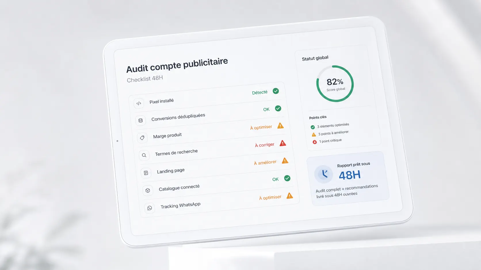Une tablette affichant l'audit du compte publicitaire : checklist 48 h, score global et points à corriger.