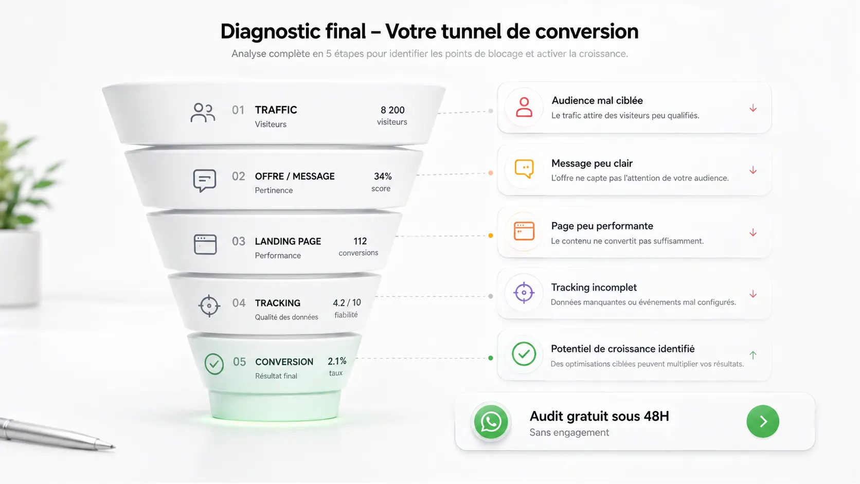 Un entonnoir de conversion en cinq étapes, du trafic à la conversion, avec les points de blocage identifiés à côté de chacune.