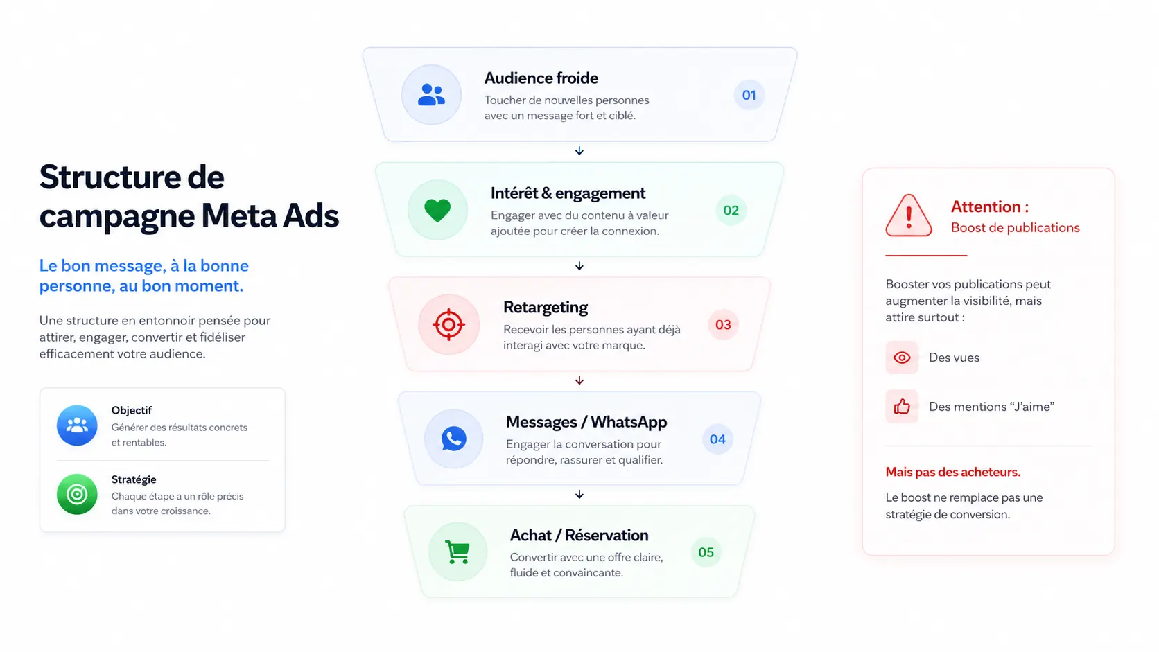La structure d'une campagne Meta en cinq étapes : audience froide, intérêt et engagement, retargeting, messages WhatsApp, puis achat.
