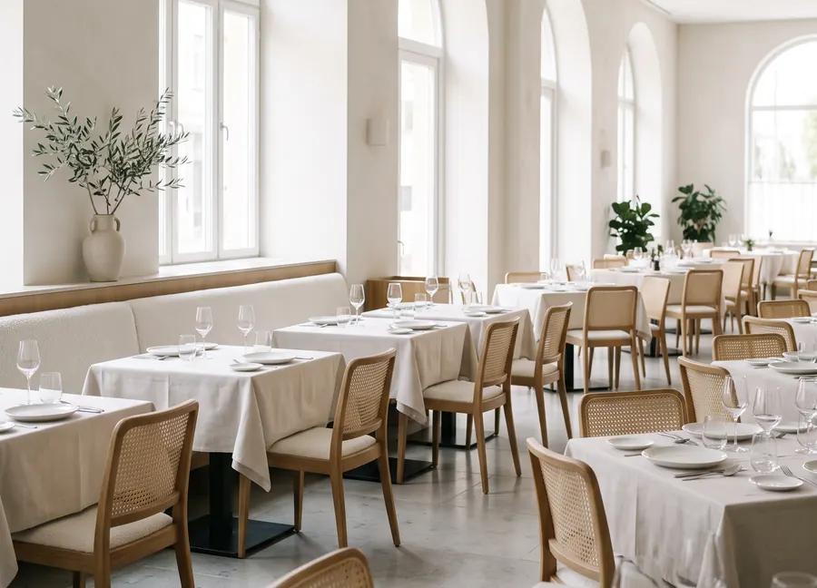 La salle lumineuse d'un restaurant contemporain avant le service.