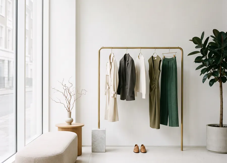L'intérieur clair d'une boutique de mode haut de gamme, lumière naturelle.